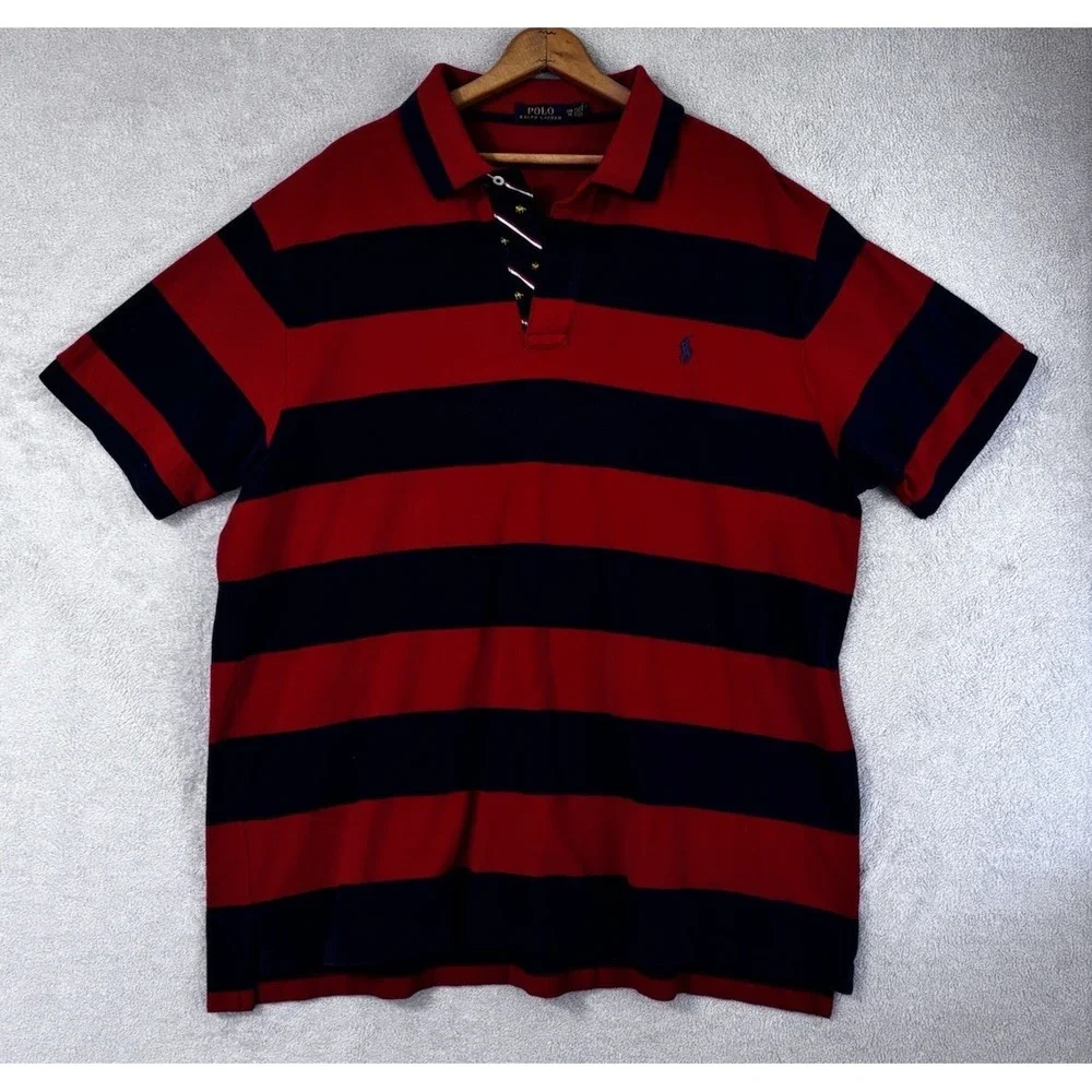 Polo Ralph Lauren Men's 2XB Red Navy Stripe Polo Shirt Big Cotton Pony Logo 0795